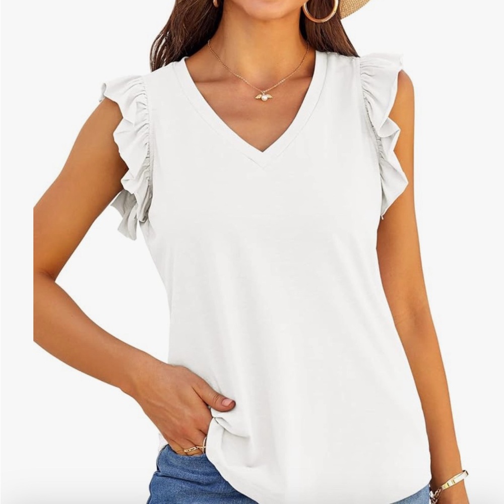3/25🔵Womens Casual V Neck Blouse Tops Frilled Ruffles Solid Sleeveless Tanks